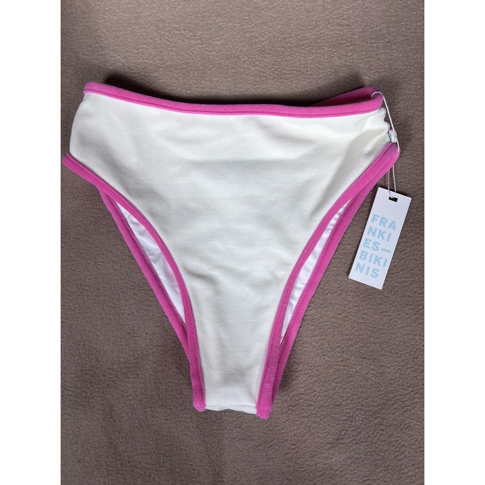 NEW Frankies Bikinis Jeinna Terry Bottom White Pink Trim High Leg Size S